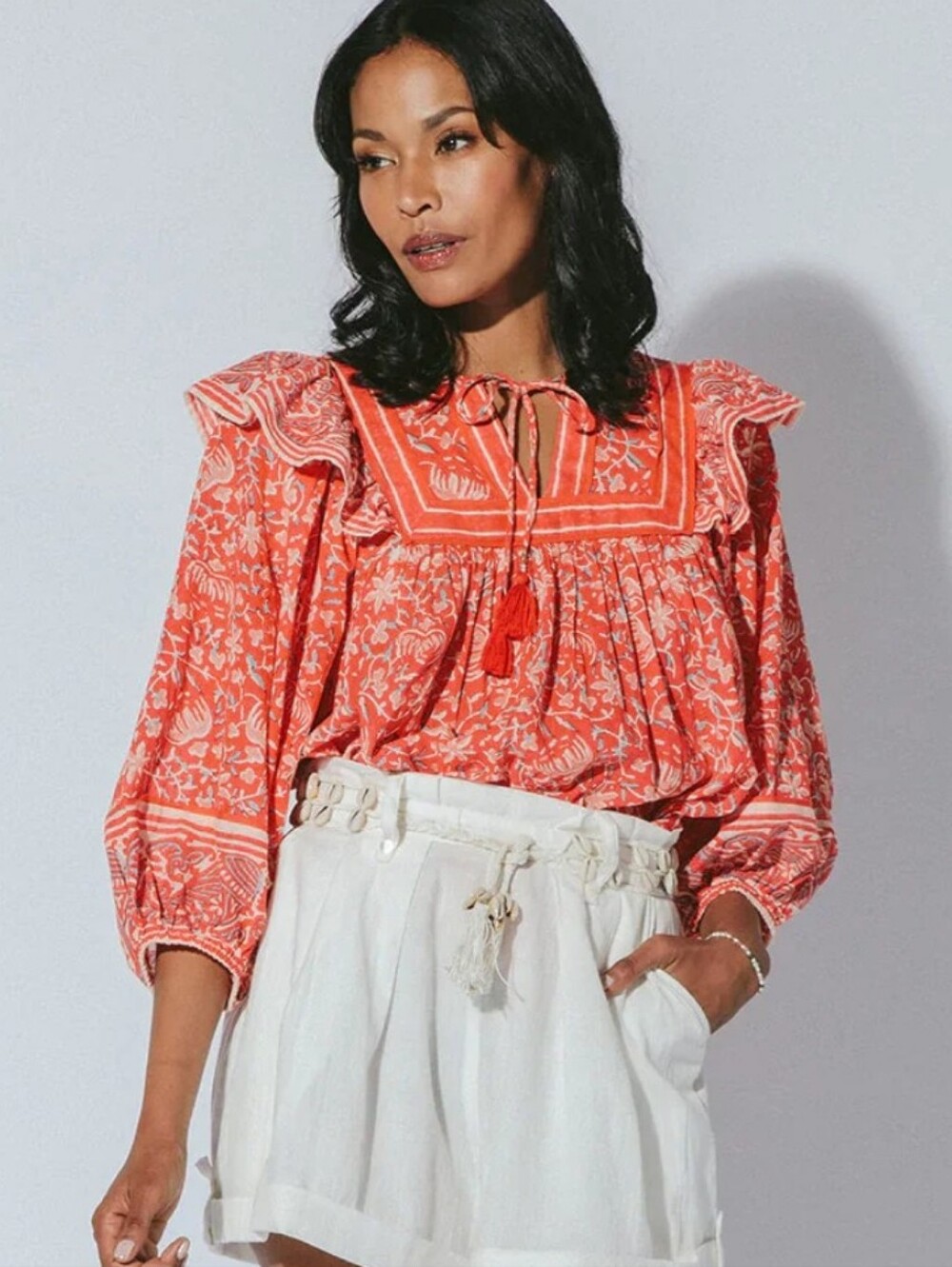 Cleobella Mylah Puff Sleeve Flowy Hem And Ruffle Blouse Cottagecore
